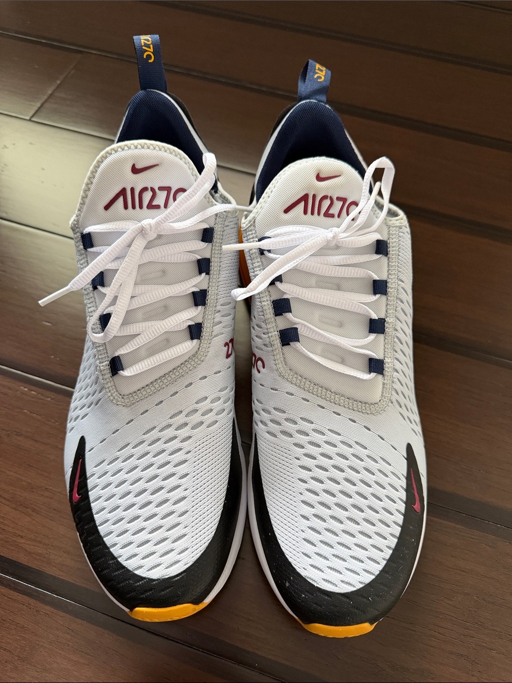 Nike Air270 Men’s White Navy Black Athletic Shoes with Pink Accent